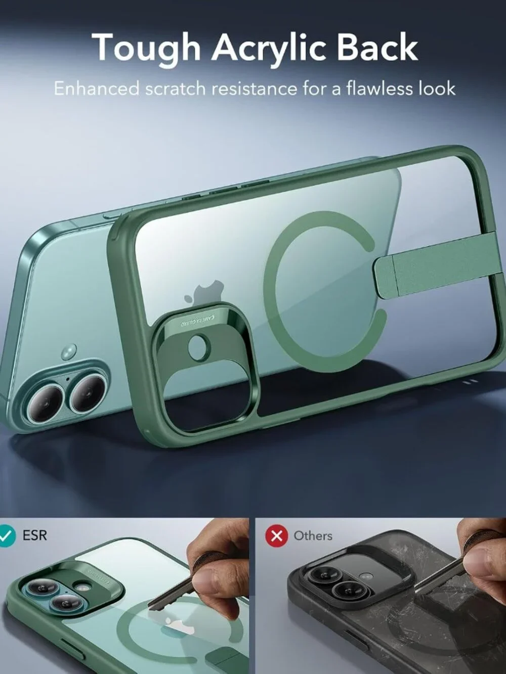 ESR iPhone 16 Plus Kickstand Case, MagSafe Clear Green Military Grade Shockproof